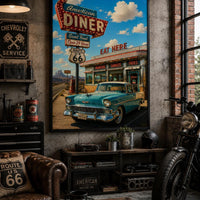 American Diner Route 66 Poster | Vintage Americana Wall Art | Retro Diner Print | Classic Car Garage Decor | 1950s Kitchen Poster