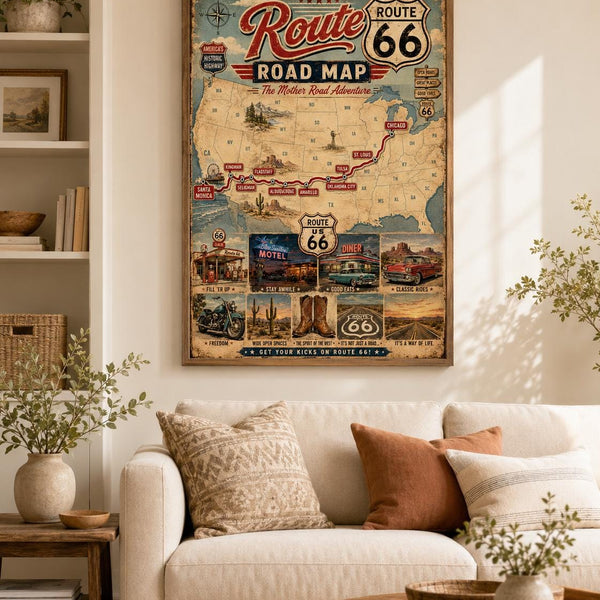 Route 66 Road Map Poster, Vintage Americana Wall Art, Retro Travel Print, Mother Road Digital Download, Man Cave Decor, Printable Wall Art