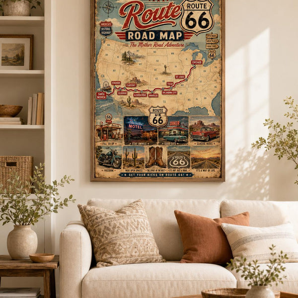 Route 66 Road Map Poster, Vintage Americana Wall Art, Retro Travel Print, Mother Road Digital Download, Man Cave Decor, Printable Wall Art