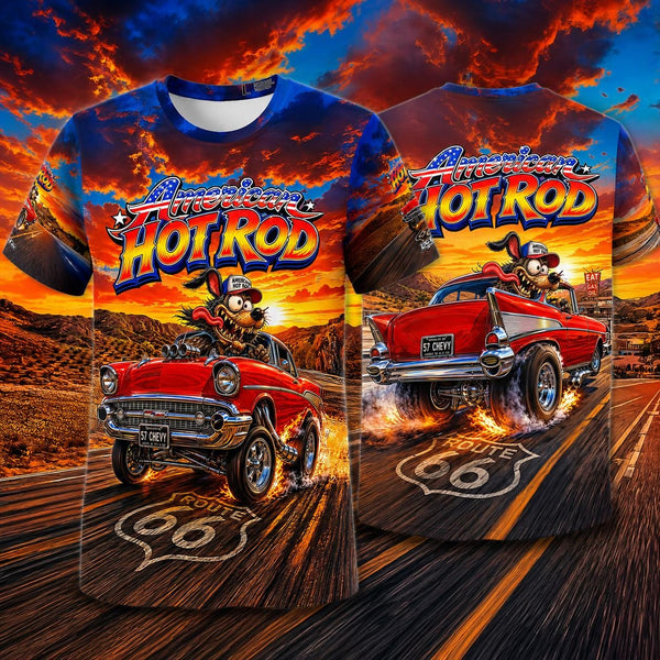 1957 Chevy Hot Rod Shirt, Route 66 Cartoon Car Art Tee, American Hot Rod Wearable Art, 57 Chevy Muscle Car Gift Shirt