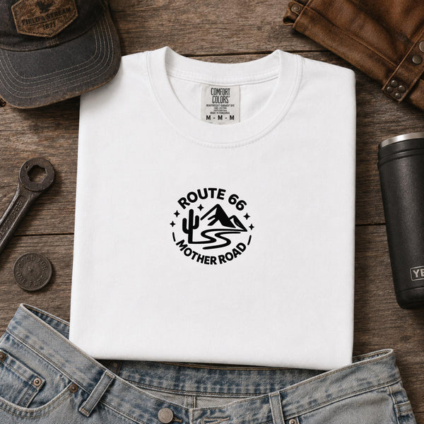 Route 66 Embroidered Shirt Minimalist Mother Road Tee Vintage Route 66 Desert Mountain Shirt Americana Road Trip Gift