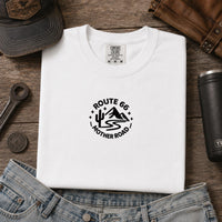Route 66 Embroidered Shirt Minimalist Mother Road Tee Vintage Route 66 Desert Mountain Shirt Americana Road Trip Gift