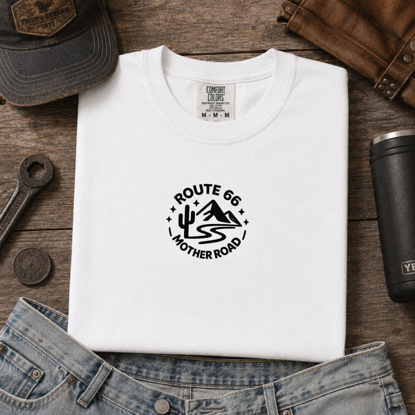 Route 66 Embroidered Shirt Minimalist Mother Road Tee Vintage Route 66 Desert Mountain Shirt Americana Road Trip Gift