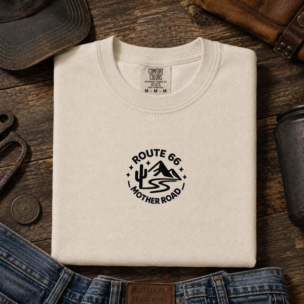 Route 66 Embroidered Shirt Minimalist Mother Road Tee Vintage Route 66 Desert Mountain Shirt Americana Road Trip Gift