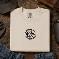 Route 66 Embroidered Shirt Minimalist Mother Road Tee Vintage Route 66 Desert Mountain Shirt Americana Road Trip Gift