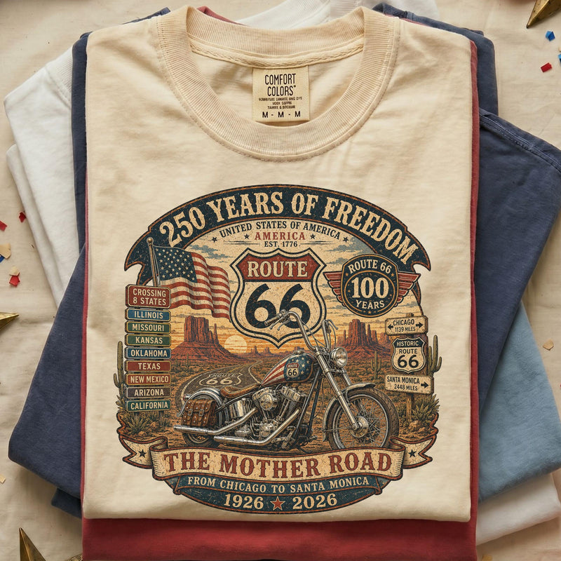 Route 66 Centennial Shirt, Highway 66 100 Year Tee, 250 Years Of Freedom Shirt, Vintage Route 66 Shirt, Americana Road Trip Unisex T-shirt