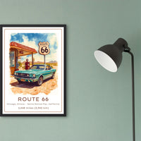 Route 66 Vintage Travel Poster | Retro Teal American Muscle Car & Gas Station Art Print