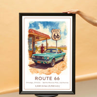 Route 66 Vintage Travel Poster | Retro Teal American Muscle Car & Gas Station Art Print