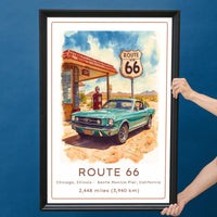 Route 66 Vintage Travel Poster | Retro Teal American Muscle Car & Gas Station Art Print