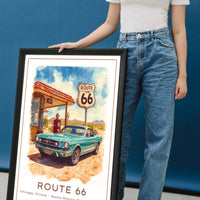 Route 66 Vintage Travel Poster | Retro Teal American Muscle Car & Gas Station Art Print