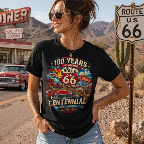 Route 66 Centennial 100 Years T-Shirt | Vintage Diner Classic Car Design