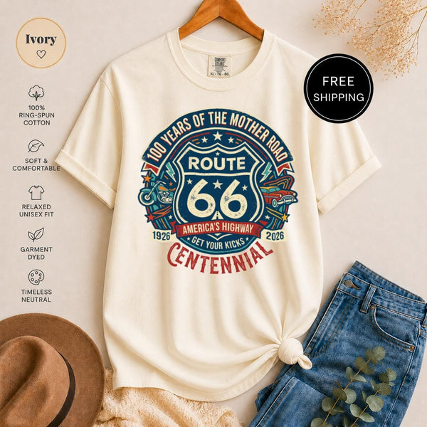 Route 66 Centennial T-Shirt, 100 Years Mother Road Vintage Americana Classic Car Motorcycle Road Trip Tee, Get Your Kicks