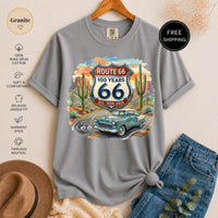 Route 66 T-Shirt - Historic 100 Years Classic Car Desert Tee - Vintage Road Trip Americana Nostalgia Shirt - Traveler Gift