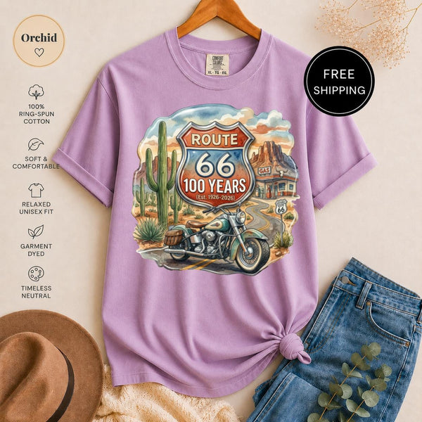 Route 66 100 Year Anniversary T-Shirt, Vintage Motorcycle Desert Road Trip Tee, Americana Travel Gift