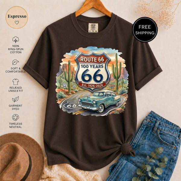 Route 66 T-Shirt - Historic 100 Years Classic Car Desert Tee - Vintage Road Trip Americana Nostalgia Shirt - Traveler Gift