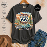 Route 66 T-Shirt - Historic 100 Years Classic Car Desert Tee - Vintage Road Trip Americana Nostalgia Shirt - Traveler Gift