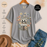 Route 66 Wildflower T-Shirt, Vintage Anniversary Graphic Tee, Rustic Road Trip Design, Boho Nature Lover Shirt