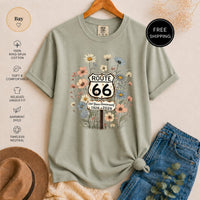 Route 66 Wildflower T-Shirt, Vintage Anniversary Graphic Tee, Rustic Road Trip Design, Boho Nature Lover Shirt