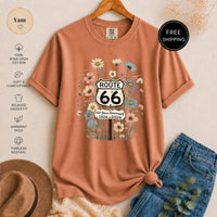 Route 66 Wildflower T-Shirt, Vintage Anniversary Graphic Tee, Rustic Road Trip Design, Boho Nature Lover Shirt