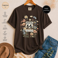 Route 66 Wildflower T-Shirt, Vintage Anniversary Graphic Tee, Rustic Road Trip Design, Boho Nature Lover Shirt