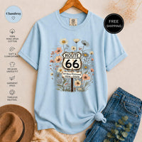Route 66 Wildflower T-Shirt, Vintage Anniversary Graphic Tee, Rustic Road Trip Design, Boho Nature Lover Shirt