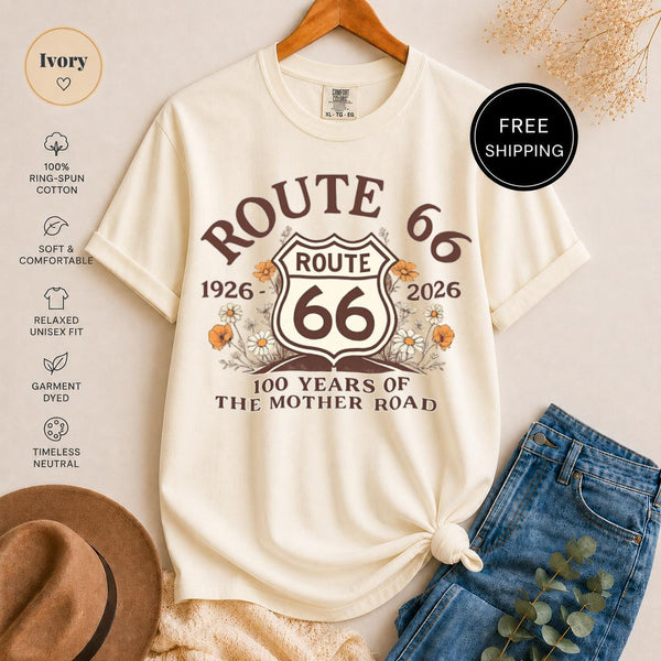 Route 66 T-Shirt, 100 Year Anniversary Vintage Floral Graphic