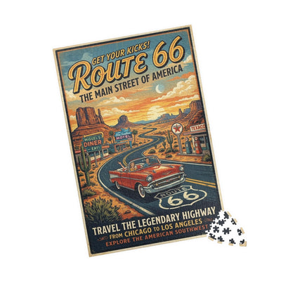 Route 66 Vintage Roadtrip Poster Puzzle | Retro American Southwest Highway Jigsaw