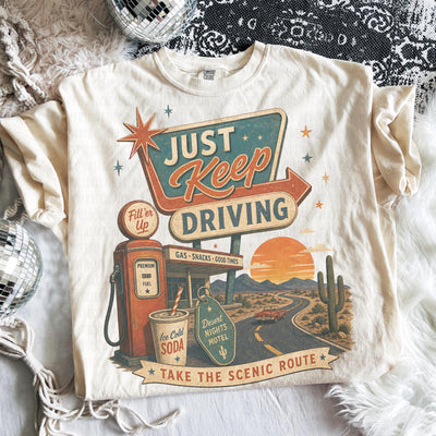 Just Keep Driving PNG | Retro Road Trip Design | Vintage Gas Station PNG | Scenic Route Graphic | Desert Motel Tee | Americana Travel PNG