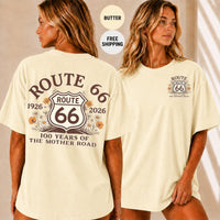 Route 66 Centennial T-Shirt, 100 Years Mother Road Shirt, Vintage Americana Road Trip Tee, Boho Wildflower Fan Gift
