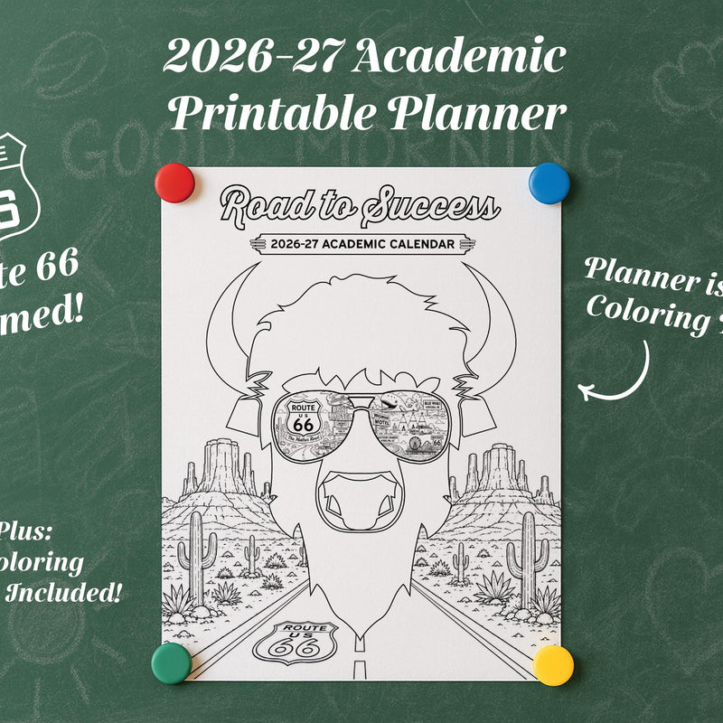2026-27 Academic Planner | Route 66 Theme, Printable Calendar | Printable Coloring Sheets (Digital Download)