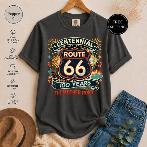 Route 66 Centennial Shirt, MotherRoad 100 Years, Vintage Road Trip Tee, Americana Travel Gift