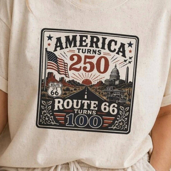 America Turns 250 Shirt - Route 66 Turns 100 Tee - Patriotic Vintage USA Shirt 1776-2026 - Retro Road Trip Americana Graphic Tee