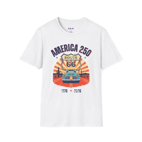 America 250 Route 66 Vintage Shield T-Shirt | 1776-2026 Roadtrip Tee