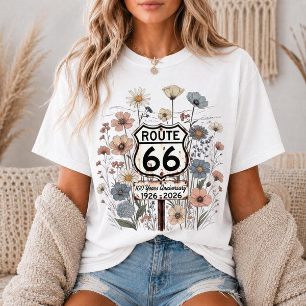 Route 66 100 Years Shirt Centennial Anniversary Tee Floral Route 66 Shirt Vintage Highway 66 Graphic Tee Road Trip Gift