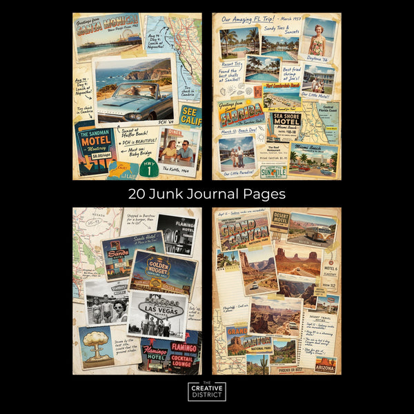 Retro Travel Journal, Vintage Desert Highway Collage, Route 66 Road Trip Digital Paper, USA Americana Ephemera Printable