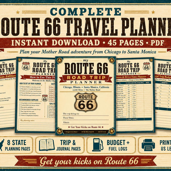 Route 66 Road Trip Planner Printable, 45 Page Travel Journal PDF, Mother Road Itinerary, Budget, Fuel Log, USA Road Trip