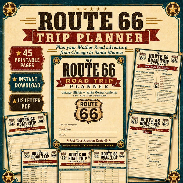 Route 66 Road Trip Planner Printable, 45 Page Travel Journal PDF, Mother Road Itinerary, Budget, Fuel Log, USA Road Trip
