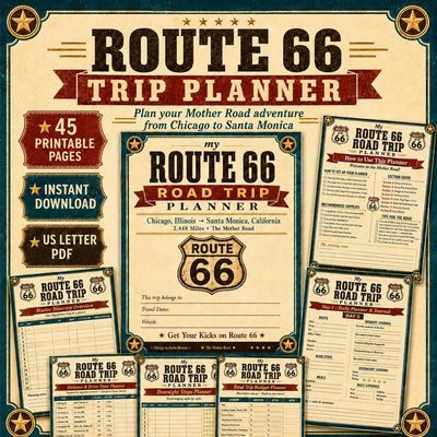 Route 66 Road Trip Planner Printable, 45 Page Travel Journal PDF, Mother Road Itinerary, Budget, Fuel Log, USA Road Trip