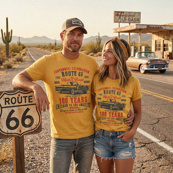 Summer Trips Route 66 Couple Celebration T-Shirt, Vintage Classic Car Road Trip Apparel
