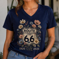 Route 66 Floral V Neck Shirt 100 Years Tee Vintage Route 66 Shirt Wildflower Highway Tee Road Trip Gift 1926-2026 Centennial Road trip Shirt