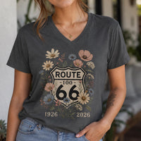 Route 66 Floral V Neck Shirt 100 Years Tee Vintage Route 66 Shirt Wildflower Highway Tee Road Trip Gift 1926-2026 Centennial Road trip Shirt