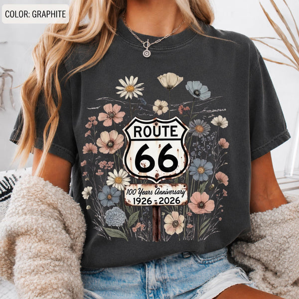 Route 66 Floral Shield 100 Years T-shirt | 1926-2026 Mother Road