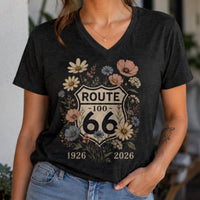 Route 66 Floral V Neck Shirt 100 Years Tee Vintage Route 66 Shirt Wildflower Highway Tee Road Trip Gift 1926-2026 Centennial Road trip Shirt
