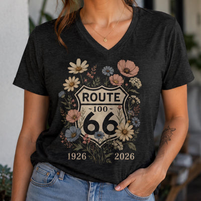 Route 66 Floral V Neck Shirt 100 Years Tee Vintage Route 66 Shirt Wildflower Highway Tee Road Trip Gift 1926-2026 Centennial Road trip Shirt