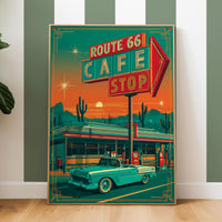 Route 66 Cafe Retro Diner Poster, Mid Century Classic Car Desert Wall Art Print