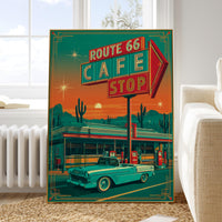 Route 66 Cafe Retro Diner Poster, Mid Century Classic Car Desert Wall Art Print