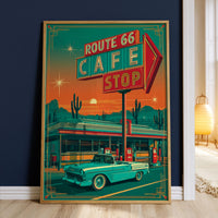 Route 66 Cafe Retro Diner Poster, Mid Century Classic Car Desert Wall Art Print