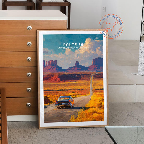 Route 66 USA Oil Painting Print, American Desert Road Trip Poster