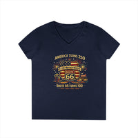 America Turns 250 Route 66 Turns 100 Womens V Neck Shirt, Patriotic USA Road Trip Tee, Mother Road Americana Top