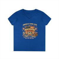 America Turns 250 Route 66 Turns 100 Womens V Neck Shirt, Patriotic USA Road Trip Tee, Mother Road Americana Top
